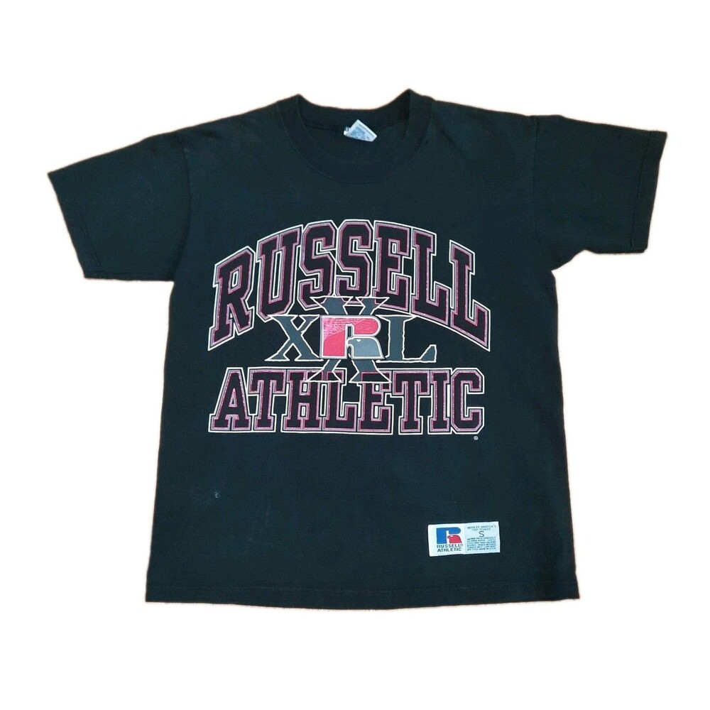Vintage 90s Russell Athletic T Shirt Black Red Spell Out XRL Kids Youth Small